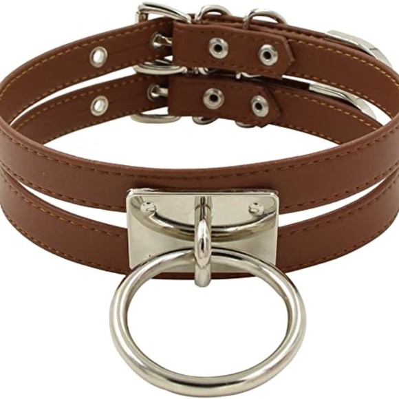 Brown Faux Leather Double Straps O Ring Choker - Picture 1 of 8